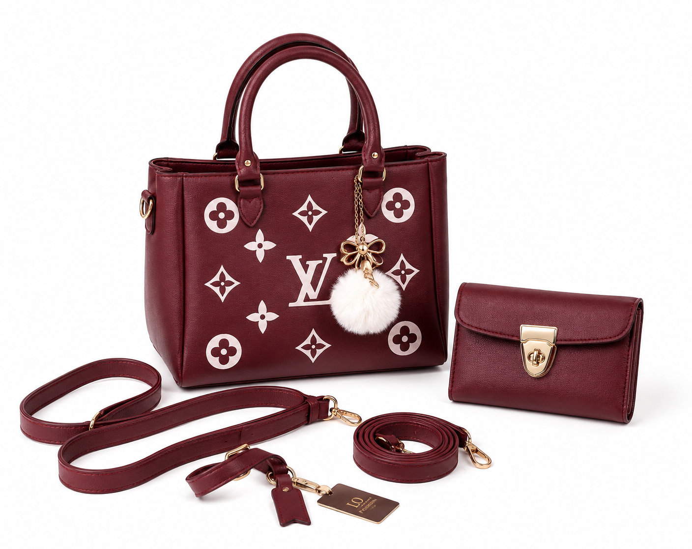 Maroon Leather Handbag Set for Women 2 Pcs Top Handle