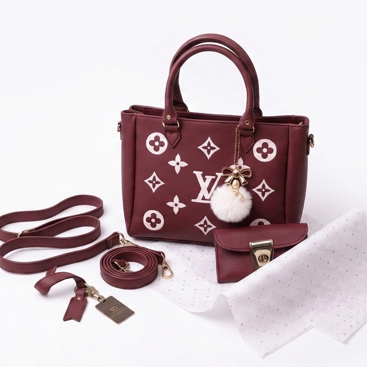 Maroon Leather Handbag Set for Women 2 Pcs Top Handle