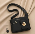 Luxury Black Leather Shoulder Bag for Women with Gold Lock Detail