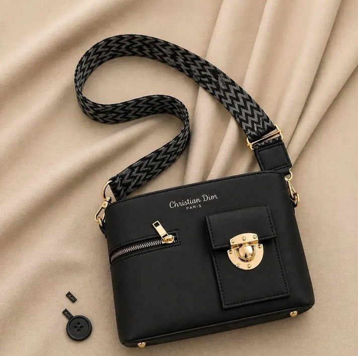 Luxury Black Leather Shoulder Bag for Women with Gold Lock Detail